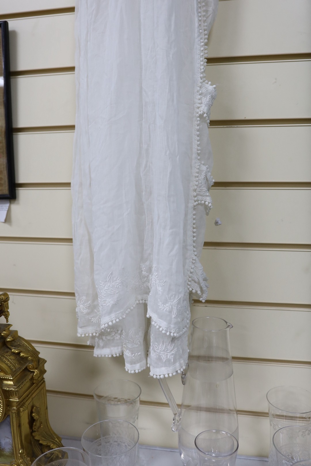 A late 19th early / 20th century fine muslin ladies summer dress, with a white worked bodice trimmed with fine bobbling edge and side slit
